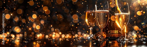 New Year's Eve 2025 toast with champagne glasses and festive bokeh lights