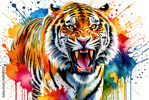 Portrait of roaring angry and aggressive tiger colorful watercolor painted.