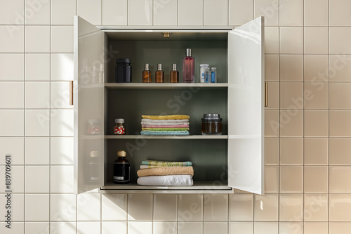 An open medicine cabinet reveals organized shelves with various bottles, jars, and towels.