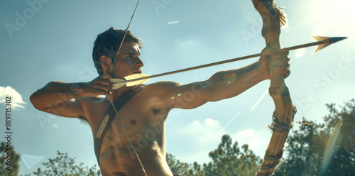 Caucasian male archer aiming with a traditional wooden bow in a natural outdoor setting. Concept of archery, precision, sport, outdoor activity