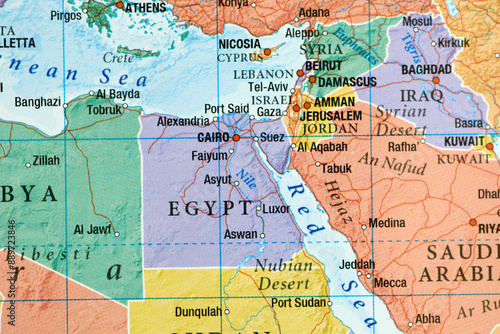 Egypt, Jordan, Israel on the world map close-up