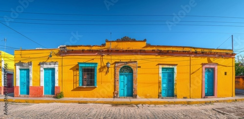 Yellow Colonial Building With Blue Doors in a Mexican City