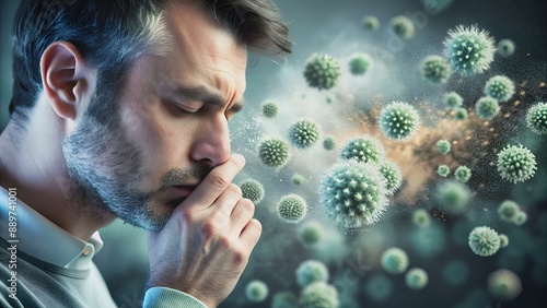 Mold allergy: Illustration of mold spores in the air or a person experiencing respiratory distress due to mold exposure Generative AI