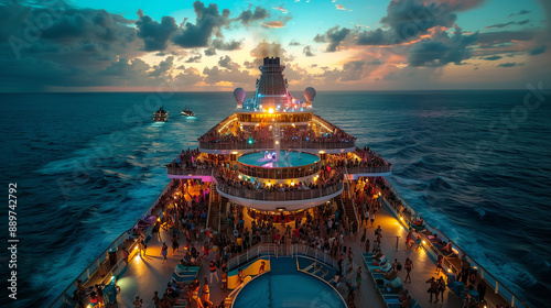 Top view of crowded deck of cruise ship during summer luxury holiday on ocean at sunset with lights on boat. Generative AI