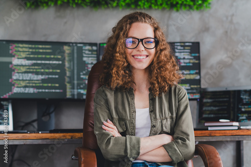 Photo of lovely attractive successful woman software developer armchair comfortable workspace workstation indoors