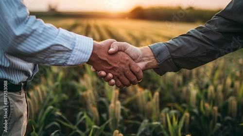 Dressed in business casual attire, an Agricultural Business Manager shakes hands with a farmer, negotiating a contract for agricultural supplies.