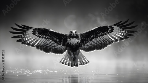 A black and white photo of a hawk flying with misty and dreamy background