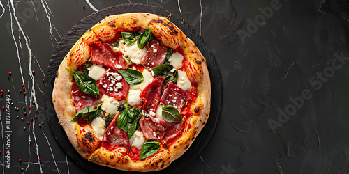 Neapolitan pizza topped with salami, basil and cheese, dark background