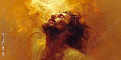 depiction of Jesus Christ's ascension into heaven, surrounded by light and clouds. He looks upward with a peaceful expression, arms outstretched towards the divine.