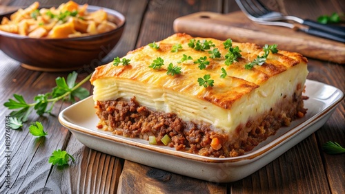 Perfectly layered and golden brown Hachis Parmentier with crispy potato topping , French cuisine, comfort food