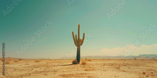 Solitary cactus standing tall in vast sunlit desert landscape under clear blue sky, embodying resilience and isolation, perfect for summer adventure themes. Copy space.