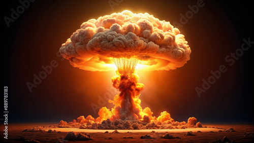 A radiant mushroom cloud rises from a nuclear blast, its billowy white mass illuminating a dark surroundings, isolated on a transparent background with vivid orange glow.