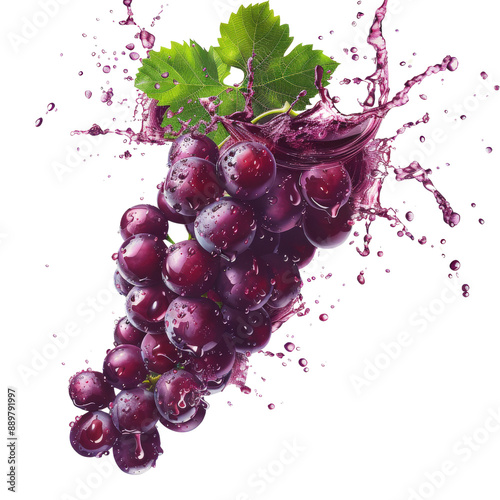 Fresh ripe grapes with water splash, isolated on white background, highlighting natural freshness and juicy aesthetic in vibrant purple.