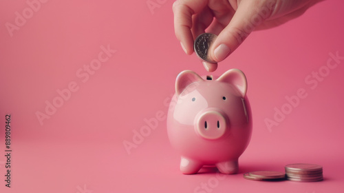 Hand Placing Coin In Pink Piggy Bank On Pink Background