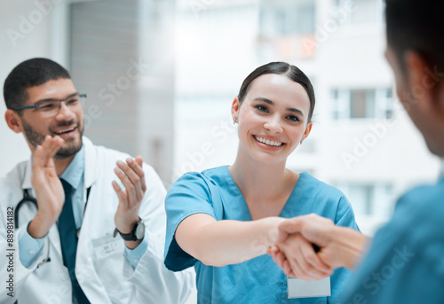 Happy people, clapping or doctors shaking hands for interview, good job or promotion success in meeting. Hospital, congratulations or proud healthcare worker with manager for medical collaboration