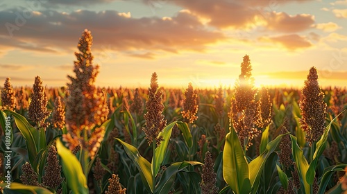 Biofuel and Food Sorghum Plantation industry in sunset Field of Sweet Sorghum stalk and seeds Millet field Agriculture field of sorghum named also Durra Milo or Jowari Healthy nutrients