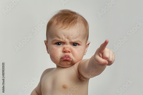 Ultra realistic photograph of an angry baby pointing with an intense expression,conveying themes of childhood frustration, determination, or assertiveness.Newborn baby with cute and exaggerat