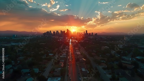 Aerial drone photo of the City of Denver, Colorado at sunset