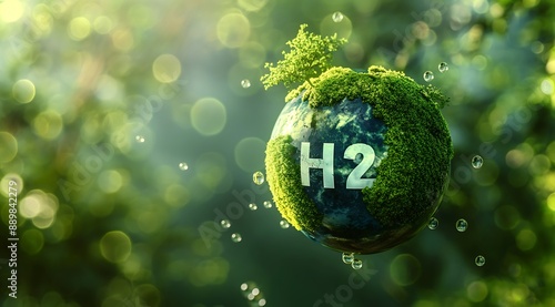 Hydrogen, h2, green moss on the top, and the earth model hangs in front of it, background gray gradient, green leaves. Green energy elements