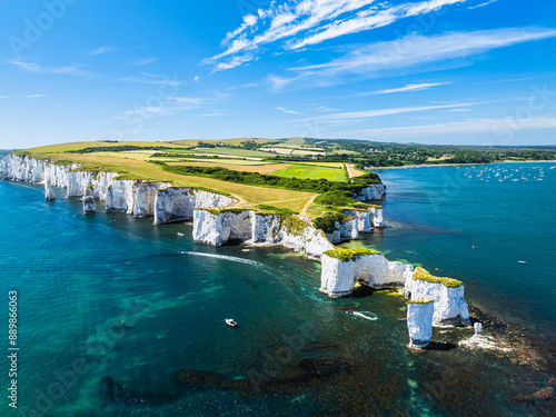 White Cliffs of Old Harry Rocks Jurassic Coast from a drone, Dorset Coast, Poole, England 