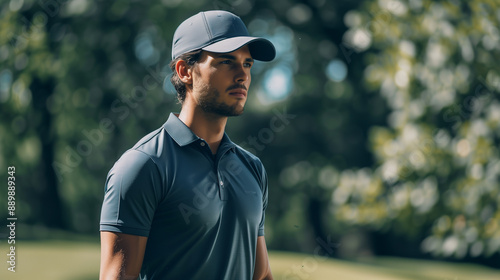 Model Wearing a Stylish Golf Polo Shirt and Cap