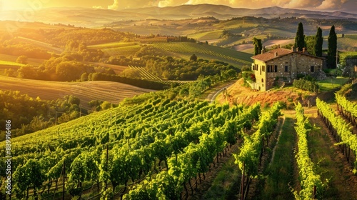 A beautiful vineyard with a house in the distance