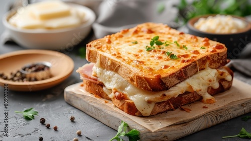 A classic French croque monsieur with ham, Gruyère cheese, and béchamel sauce.