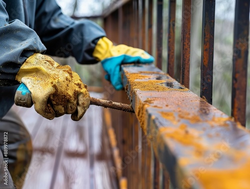 Person removing rust from iron railings with a brush, wearing protective gloves and jacket on a rainy day, close-up view.