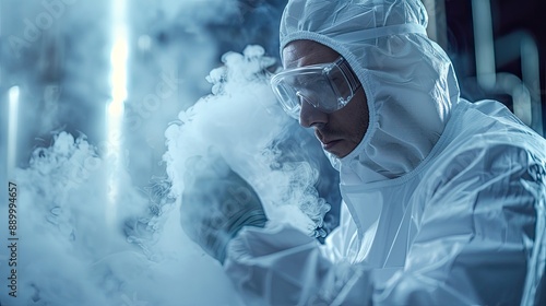 A scientist wearing protective gear and working in a fume hood, carefully handling volatile chemicals.