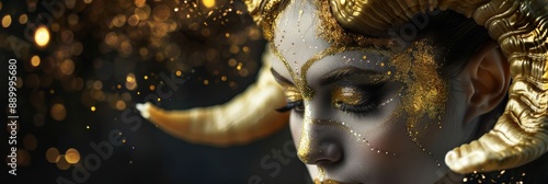 A close-up portrait of a woman with golden horns and glitter makeup, embodying a fantastical, ethereal ram goddess