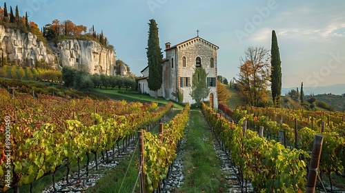 The Temple of S. Martino nestled among vineyards, featuring the Colle di San Martino Church, located in Col San Martino, Treviso province, Veneto, Italy.