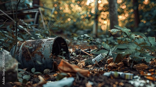 Abandoned rusty and plastic waste in the forest Metal debris left in the garden impact on our environment Old junk stored outdoors