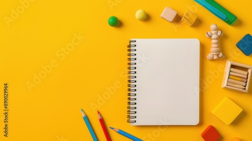 Vibrant and colorful sketchbook with educational toys on a yellow backdrop. Perfect for early education and playful learning.