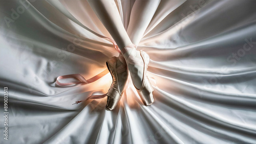 A Woman’s Legs Wearing Ballet Slippers, With a Close-up of Her Feet on a White Fabric.