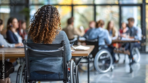 A team meeting where a hearing-impaired employee uses a loop system to hear the conversation clearly Stock Photo with copy space