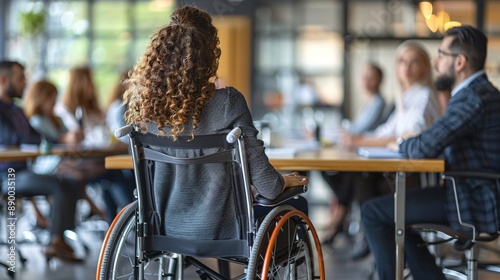 A team meeting where a hearing-impaired employee uses a loop system to hear the conversation clearly Stock Photo with copy space