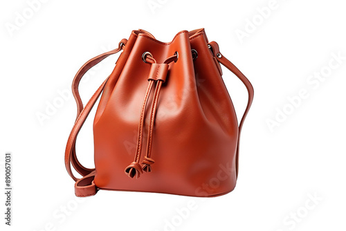 A Rustic Leather Bucket Bag With a Distinctive Drawstring Closure on a Clear PNG or White Background.