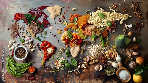 Global cuisine diversity map made of food ingredients