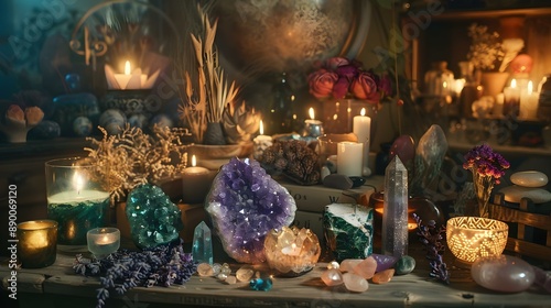 Mystical and sublime crystal shop with precious stones