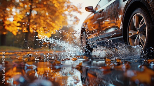 A car drives through a puddle on a leaf-covered road in autumn, causing water to splash dramatically.