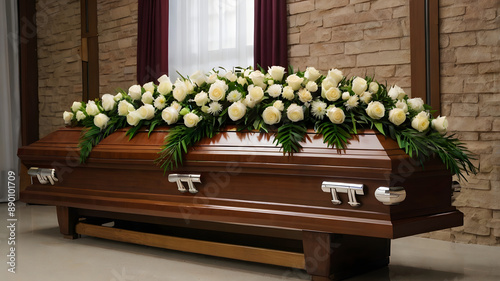 A brown coffin and a wreath of white roses at the funeral agency