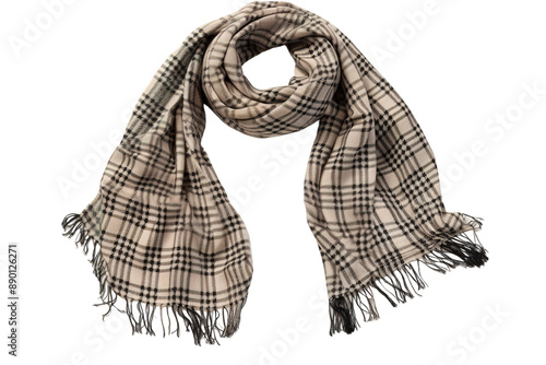 A Fringed Plaid Scarf Draped Elegantly for a Cool Autumn Day on a Clear PNG or White Background.