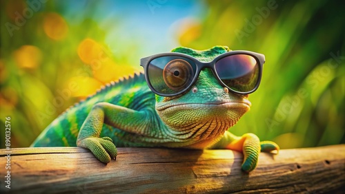 Cool chameleon with sunglasses chillin' on sunny day, fashion, chameleon, tropical, reptile, colorful