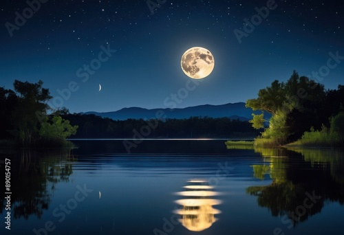 serenity under full tranquil lake reflections night, moon, water, calm, moonlight, scenery, beauty, serene, landscape, stillness, evening, clear, peaceful, idyllic