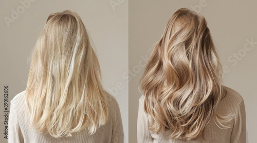 Before and after using a Parisian hair product, a young blonde woman's hair transforms from dirty and limp to voluminous and shiny.