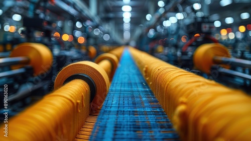 Close-up view of a textile manufacturing machine in action, showcasing rows of vibrant threads in a modern industrial environment.