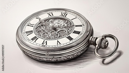 Intricate pencil drawing of an old-fashioned pocket watch.