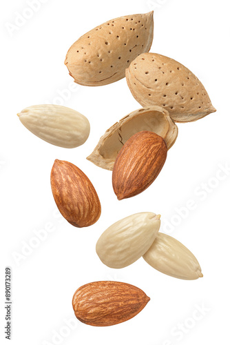 Whole, shelled and blanched almond nuts flying isolated on white background. Vertical layout