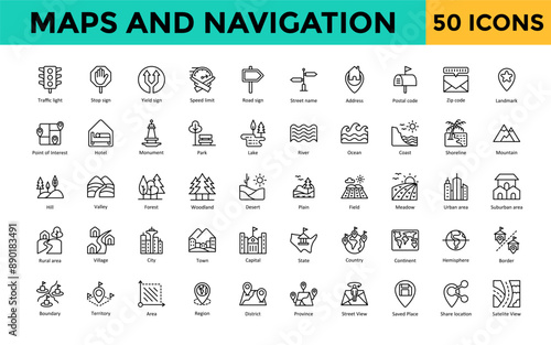 Maps and Navigation icon set with traffic light, stop sign, yield sign, speed limit, road sign, street name, address, postal code, zip code, landmark icon. Simple line vector 