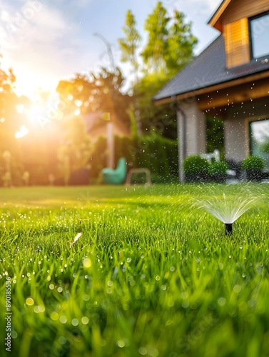 A lush green lawn being watered by a modern, efficient sprinkler system, showcasing an automatic irrigation setup as part of a smart home gardens maintenance 